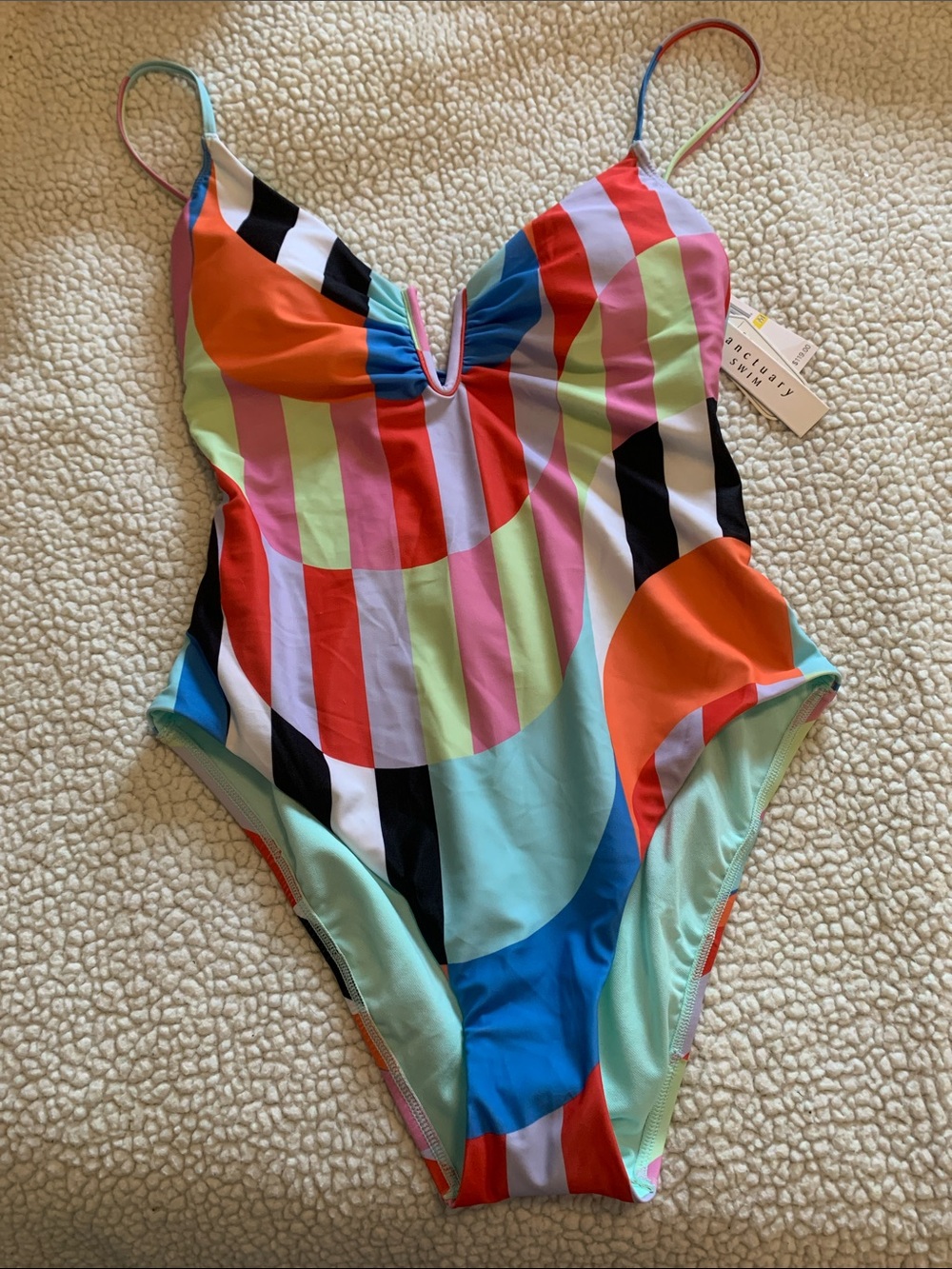 Multi-Color Striped One-Piece Swimsuit by Sanctuary- Mint, Coral, Blue